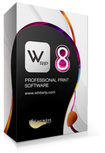 Confezione software WhiteRIP 8 per stampa professionale, con logo WRip e grafica colorata su sfondo trasparente