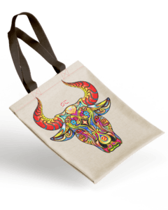 Personalised fabric bag with colourful print of a stylised bull skull