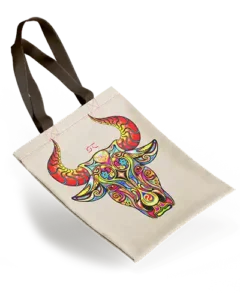 Borsa in tessuto personalizzata con stampa colorata di un teschio di toro stilizzato