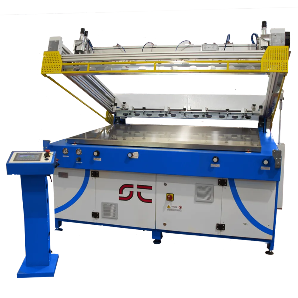 Macchina serigrafica piana S2-1000 con pannello di controllo digitale, struttura in metallo e barra serigrafica sollevata