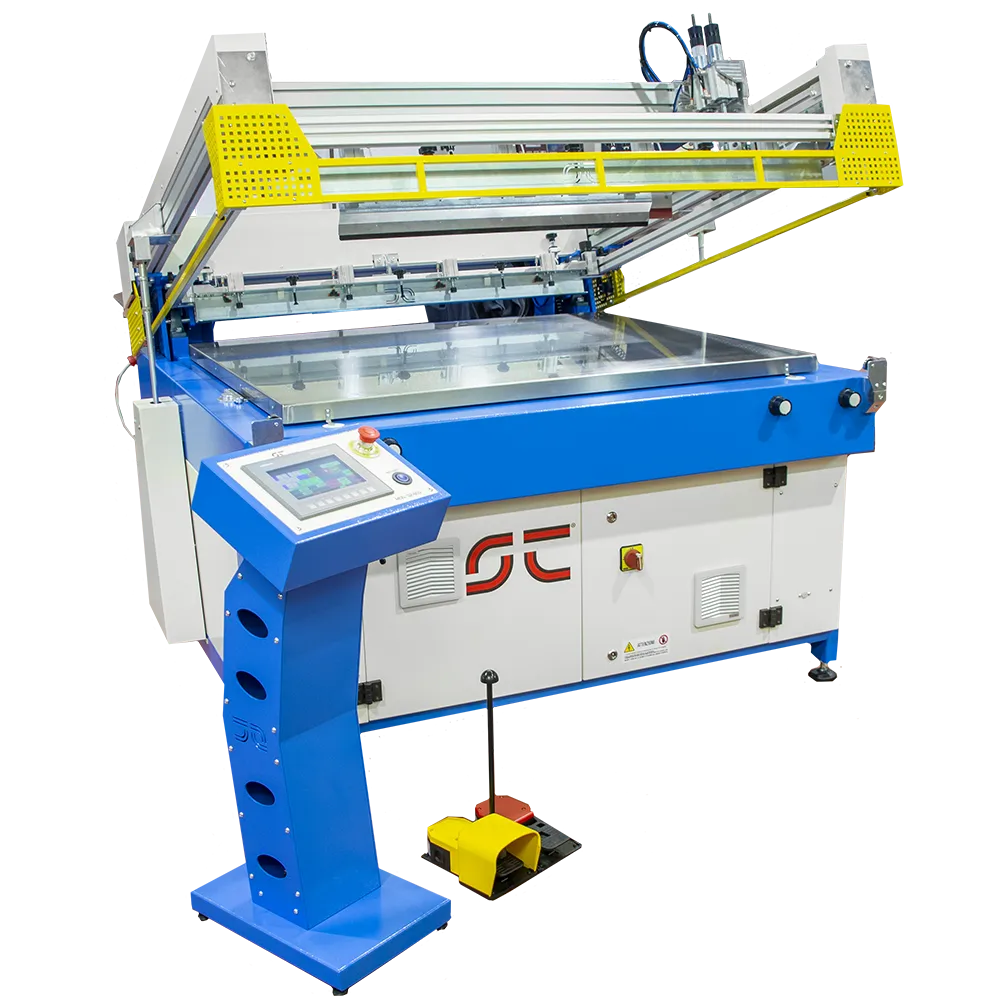 Macchina serigrafica S2-800 con pannello di controllo touch su colonna, piano in vetro e pedali di comando a pavimento