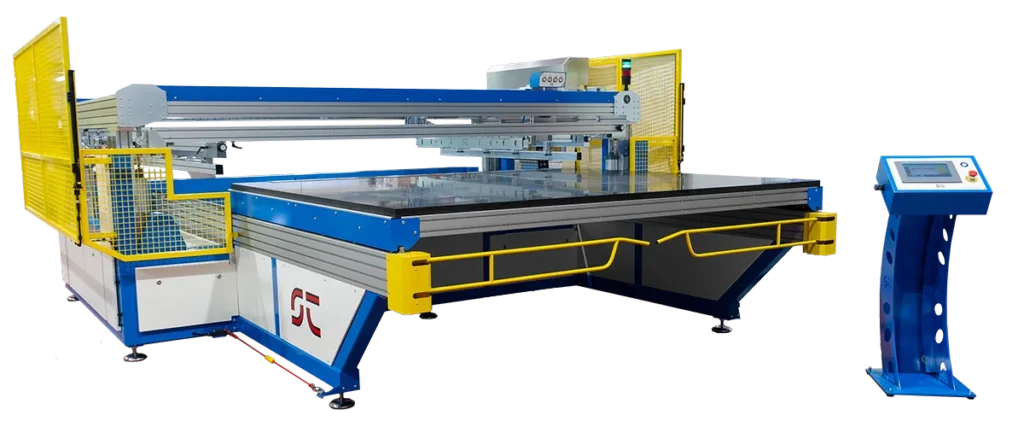 Macchina serigrafica automatica per vetro con struttura protettiva, piano di stampa e pannello di controllo touch separato