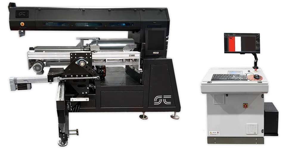 Stampante industriale Ser.Tec. con sistema di controllo separato per decorazione digitale di bombole o superfici cilindriche.