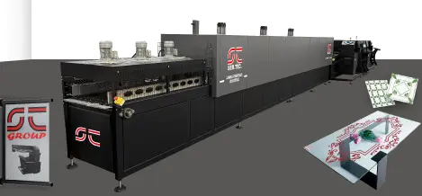 Industrial digital glass printing machinery with the ST Group logo, accompanied by samples of decorative printed glass.