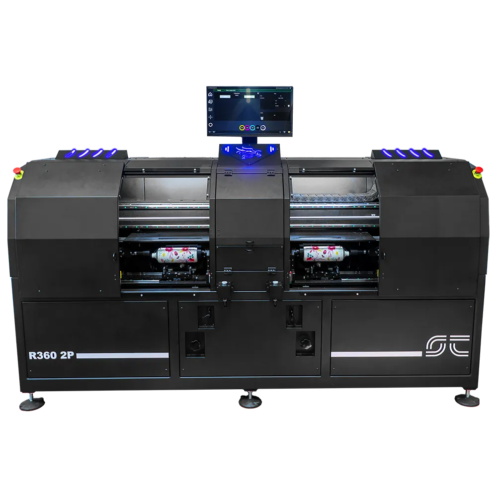 Stampante R360 2P fronte aperto con doppio oggetto cilindrico in stampa, schermo di controllo attivo e luci LED blu