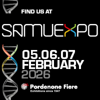 SamuExpo 2026 promotional banner with the dates February 5, 6, and 7 and a colored double helix on a black background.