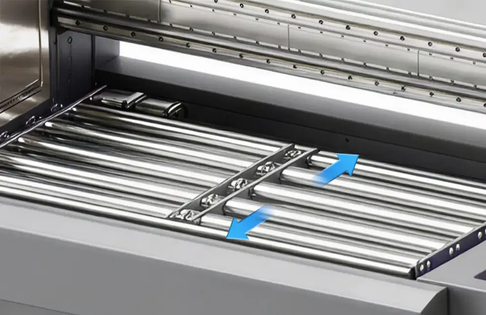 Dettaglio piano di scorrimento bidirezionale della stampante Atom Multi con guide in acciaio