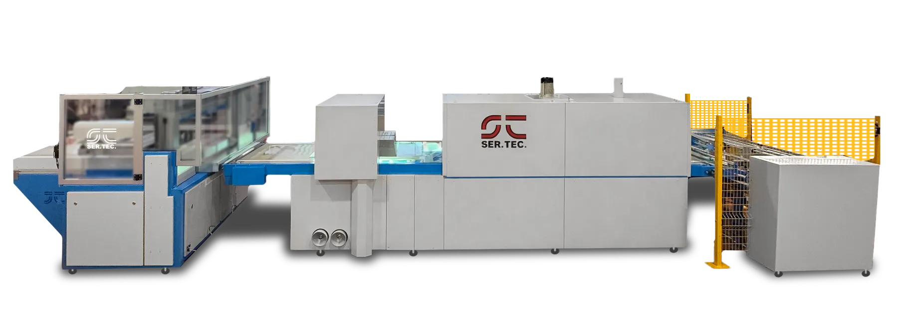Línea automática SER.TEC para serigrafía industrial con sistema de carga, unidad de impresión y módulo de salida para el procesamiento en línea
