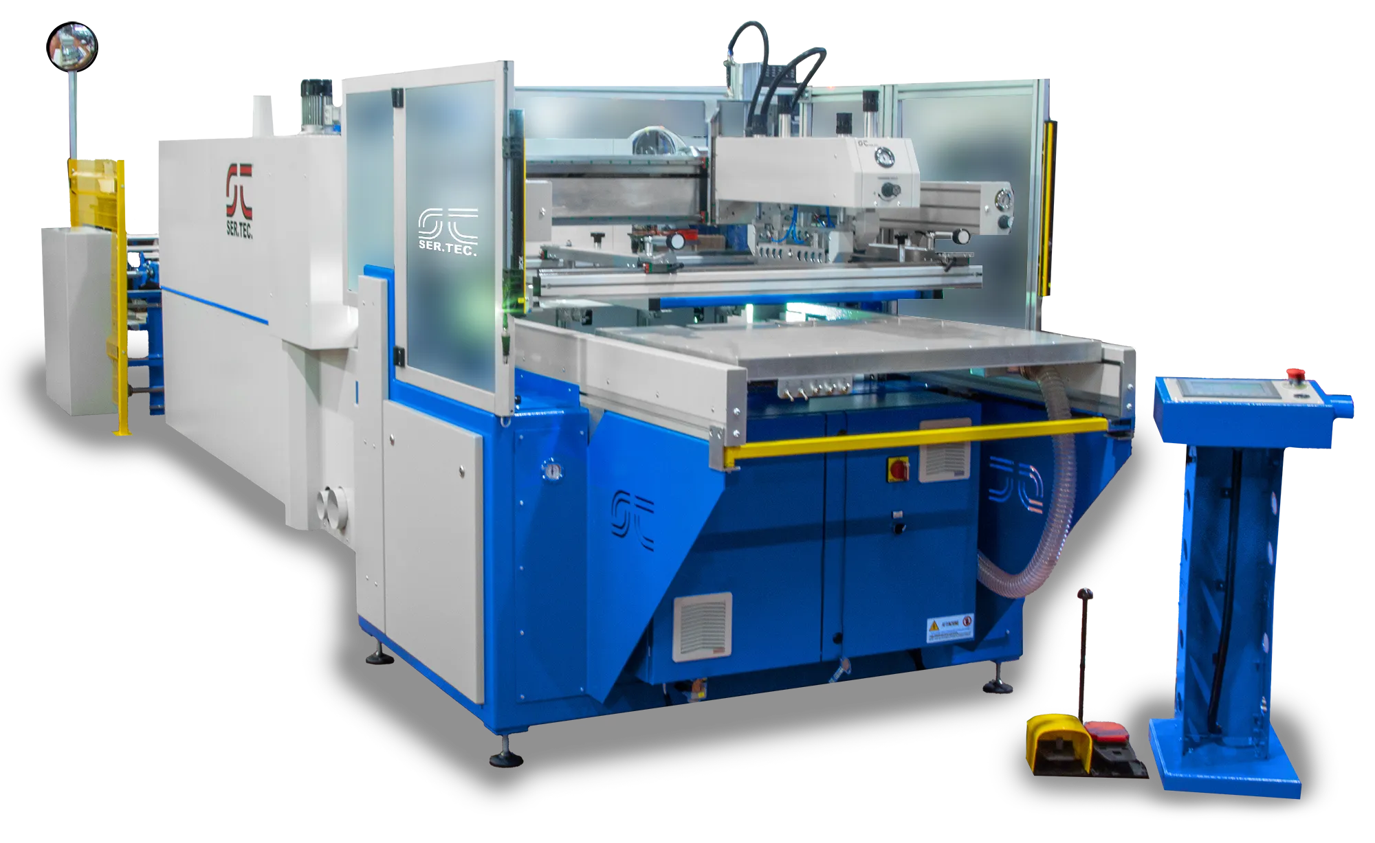 Máquina de serigrafía automática SER.TEC con mesa de impresión, protecciones de seguridad y panel de control táctil.