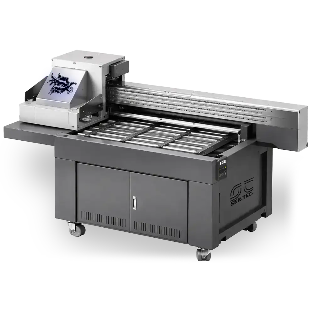 Dettaglio piano di scorrimento bidirezionale della stampante Atom Multi con guide in acciaio