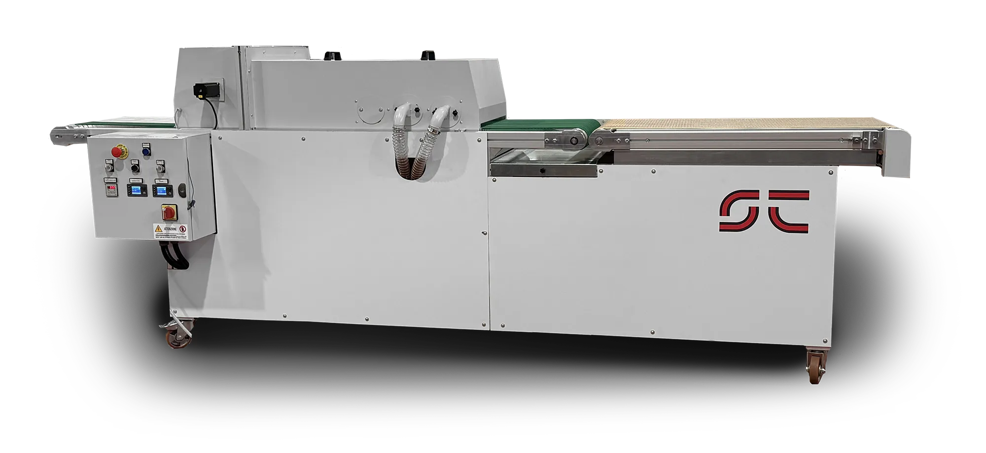 Ser-Tec Automatic Glue Applicator, applicatore automatico di colla con nastri trasportatori di ingresso e uscita, vista tre quarti
