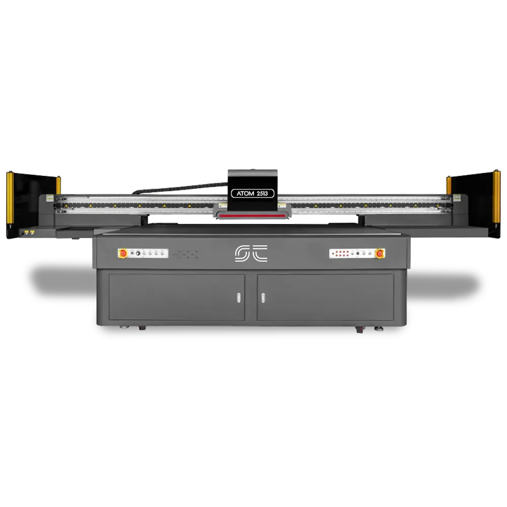 Atom 2513, fixed-bed UV flatbed printer, front view with extendable side rails