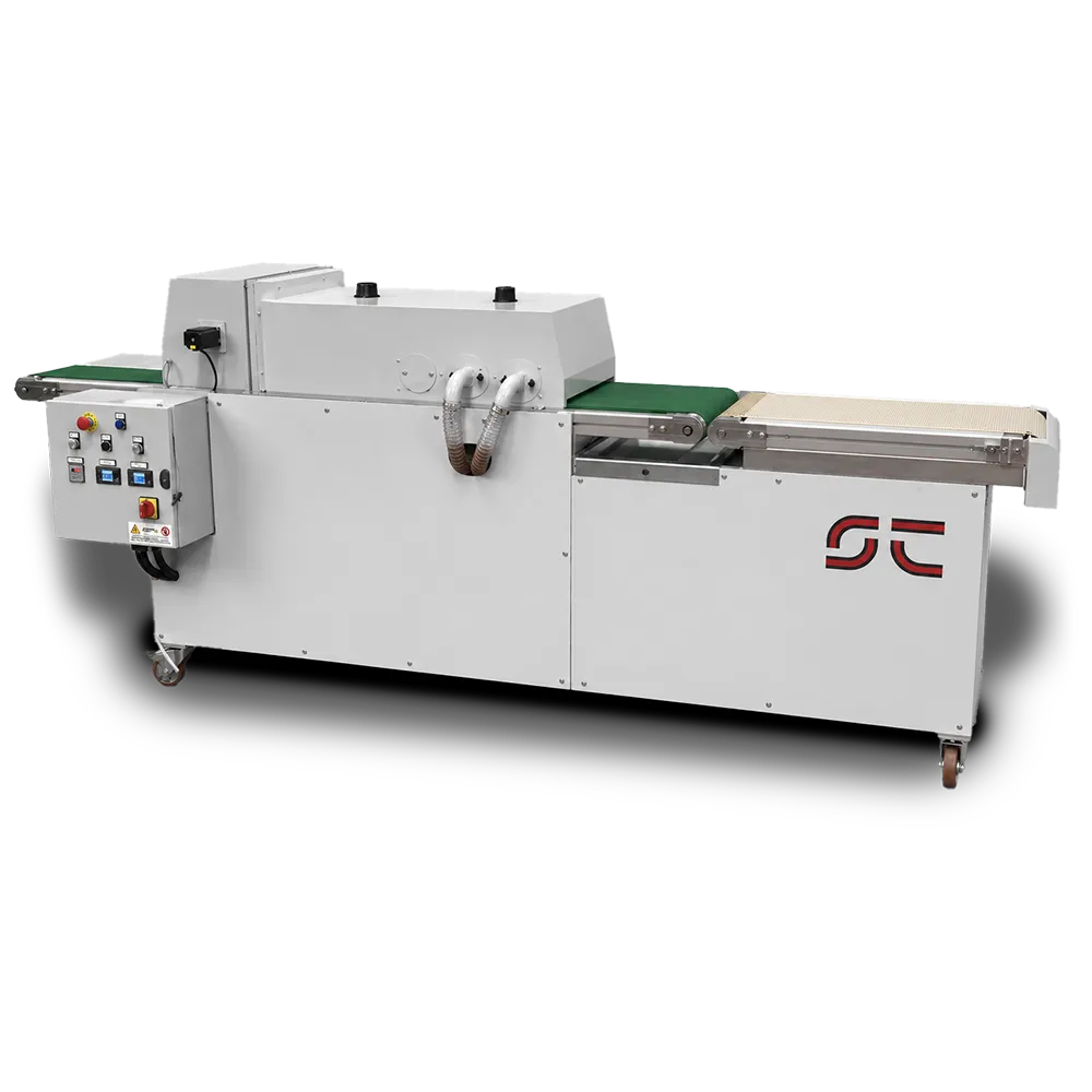 Ser-Tec Automatic Glue Applicator, applicatore automatico di colla con nastri trasportatori di ingresso e uscita, vista tre quarti