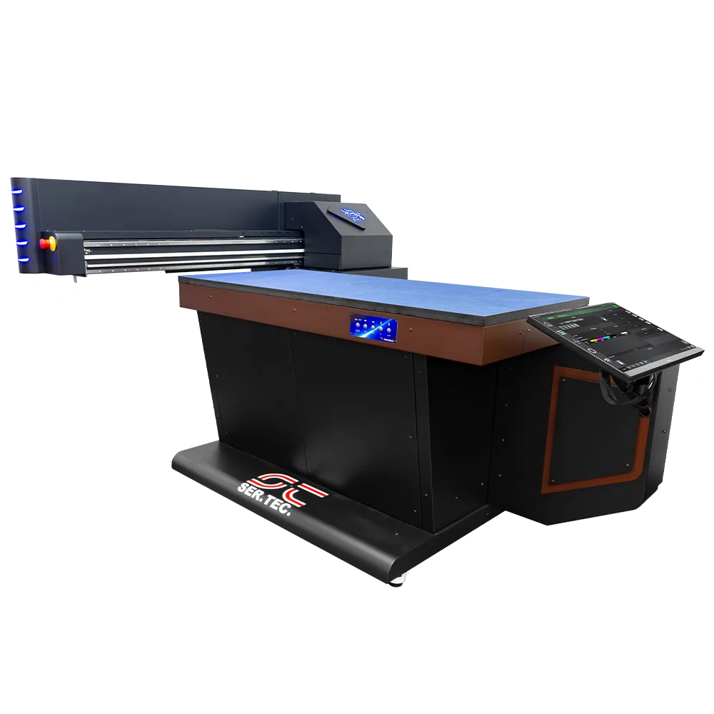 SER.TEC. Eagle 70 flatbed digital printer for direct printing on large objects, with a black frame and integrated control panel.