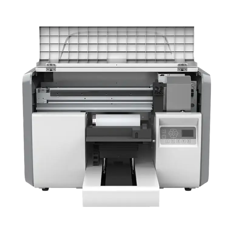 Stampante Ser.Tec. Mini 3 UV vista frontale con coperchio aperto, testina di stampa, rullo carta e vassoio di uscita visibili