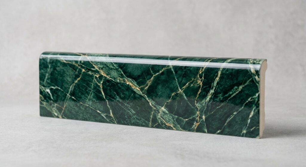 Battiscopa effetto marmo verde con venature dorate, profilo bombato lucido