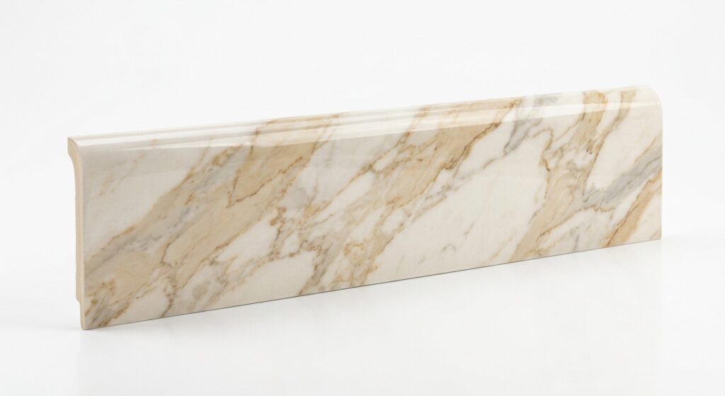 Battiscopa effetto marmo Calacatta beige/oro con venature dorate e grigie, profilo bombato lucido