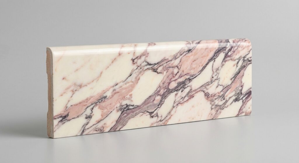 Battiscopa effetto marmo Calacatta Viola bianco-rosa con venature malva e grigie, profilo bombato lucido.
