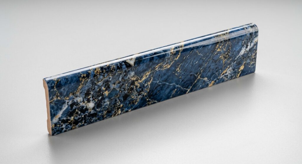 Battiscopa effetto marmo blu Sodalite con venature dorate e bianche, profilo bombato lucido.