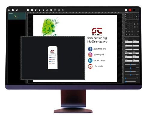 Monitor con software RIP grafico per stampa digitale, interfaccia attiva su progetto con contatti e social Ser.Tec