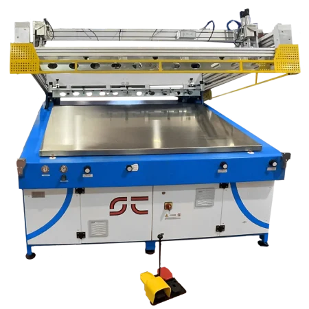 Macchina serigrafica piana S2-1000 con piano in metallo, barra di stampa sollevata e comandi pneumatici frontali