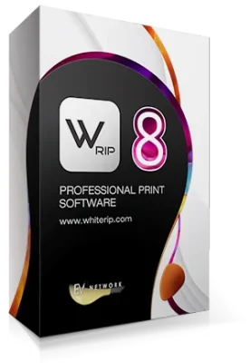 Confezione software WhiteRIP 8 per stampa professionale, con logo WRip e grafica colorata su sfondo trasparente